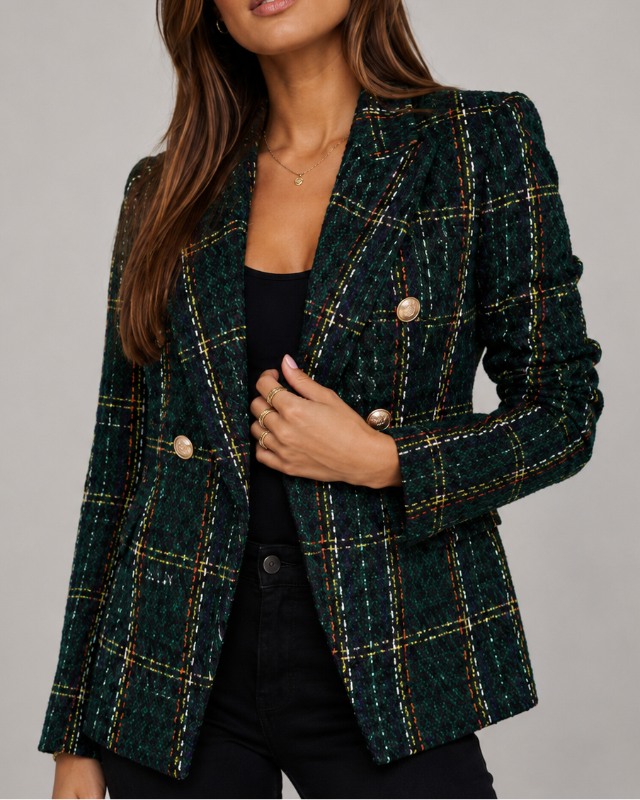 Women's Double Breasted Checked Tweed Blazer Jacket with Notch Lapel