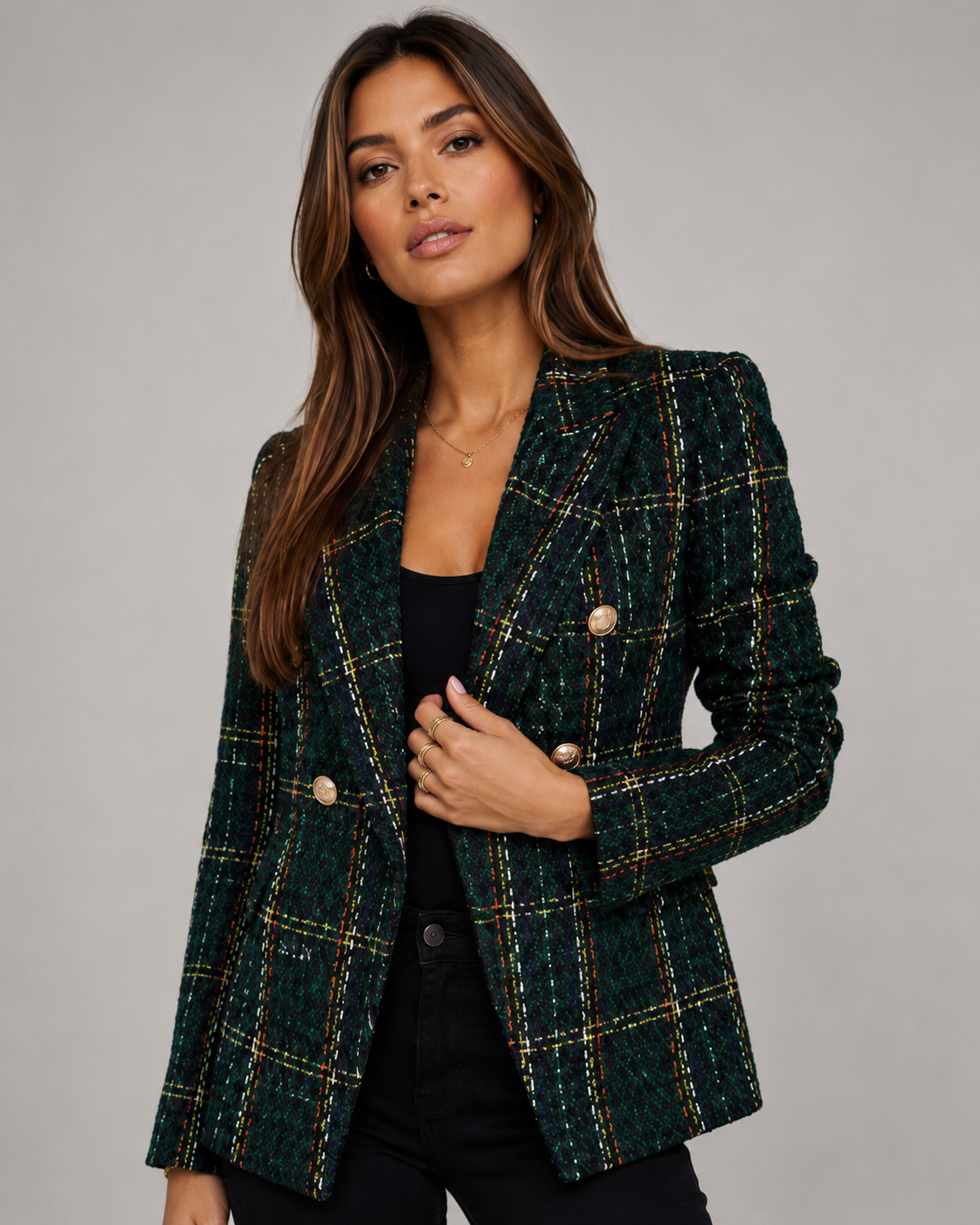 Women's Fitted Double Breasted Notch Lapel Textured Check Blazer