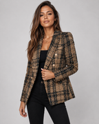 Women's Fitted Double Breasted Notch Lapel Textured Check Blazer