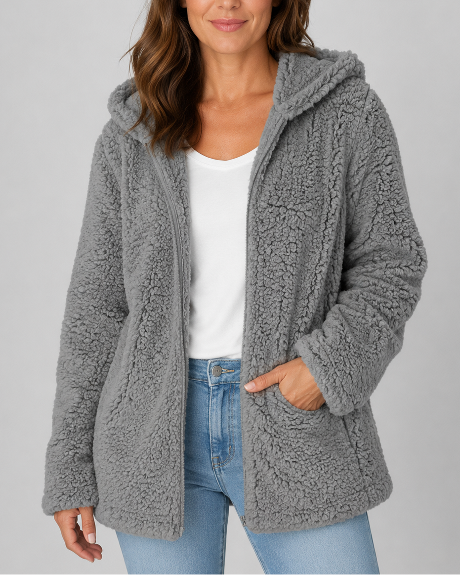 Women's Teddy Fleece Jacket with Hood and Zip Front