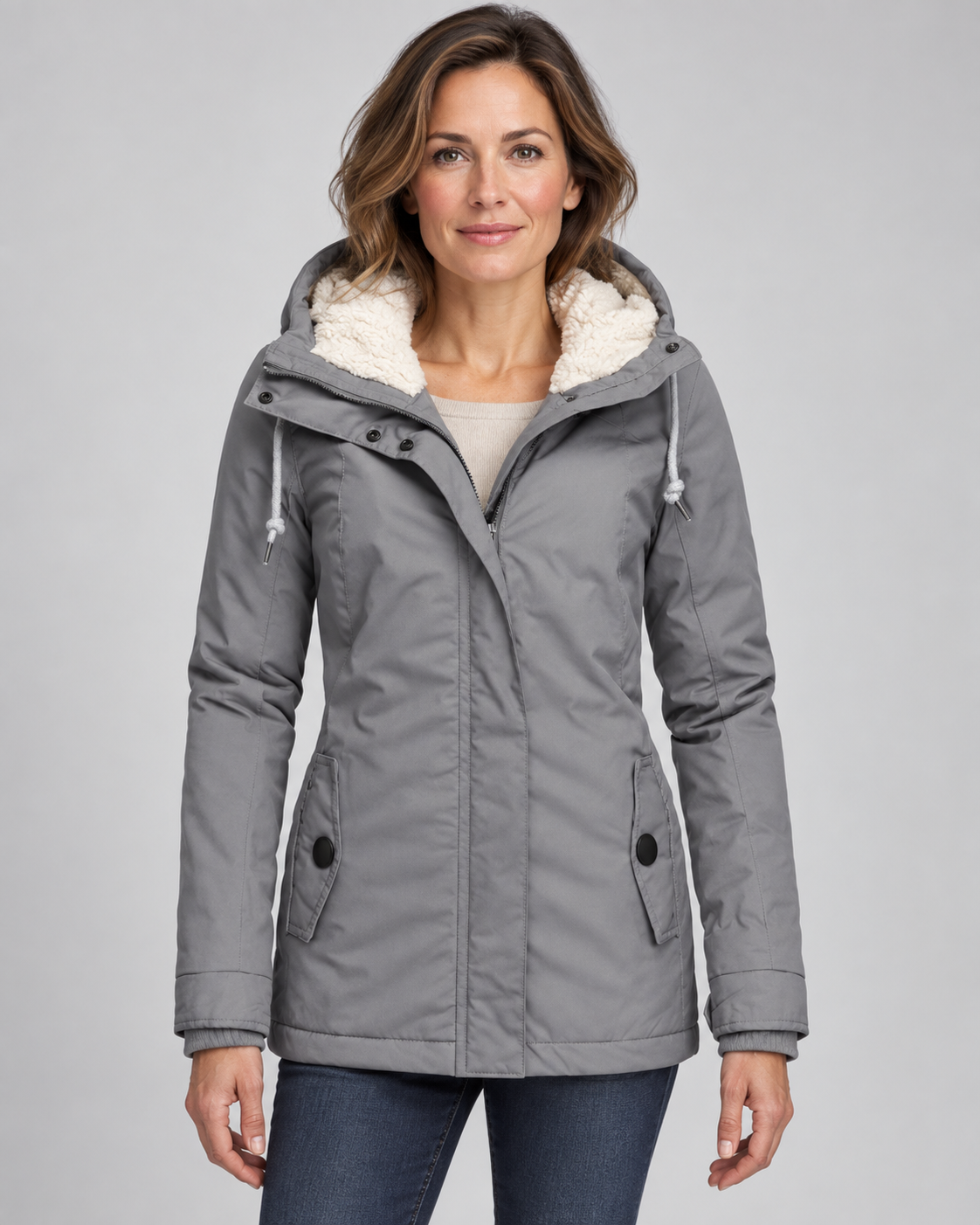 Women's Hooded Fleece-Lined Parka Coat with Zip Front