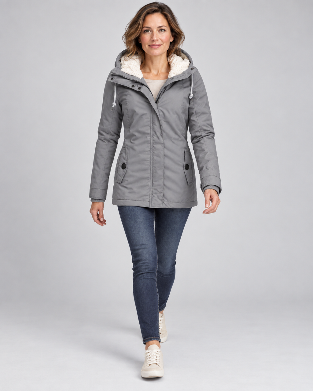 Women's Hooded Fleece-Lined Parka Coat with Zip Front