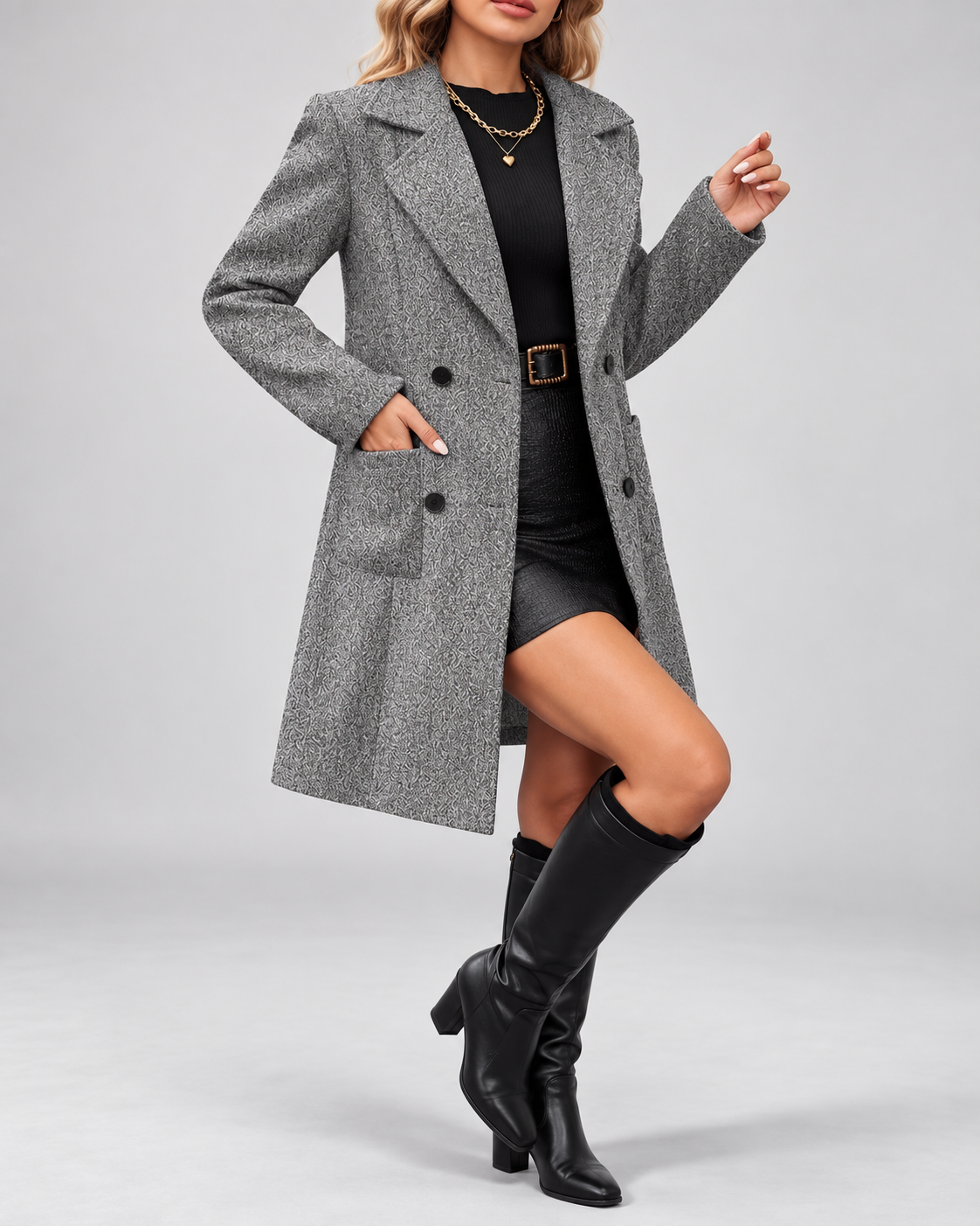 Women's Mid Length Wool Blend Coat with Notch Lapel and Double Breasted Front