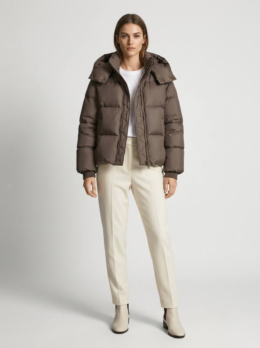 Women's oversized puffer jacket with a hood and a drawcord hem