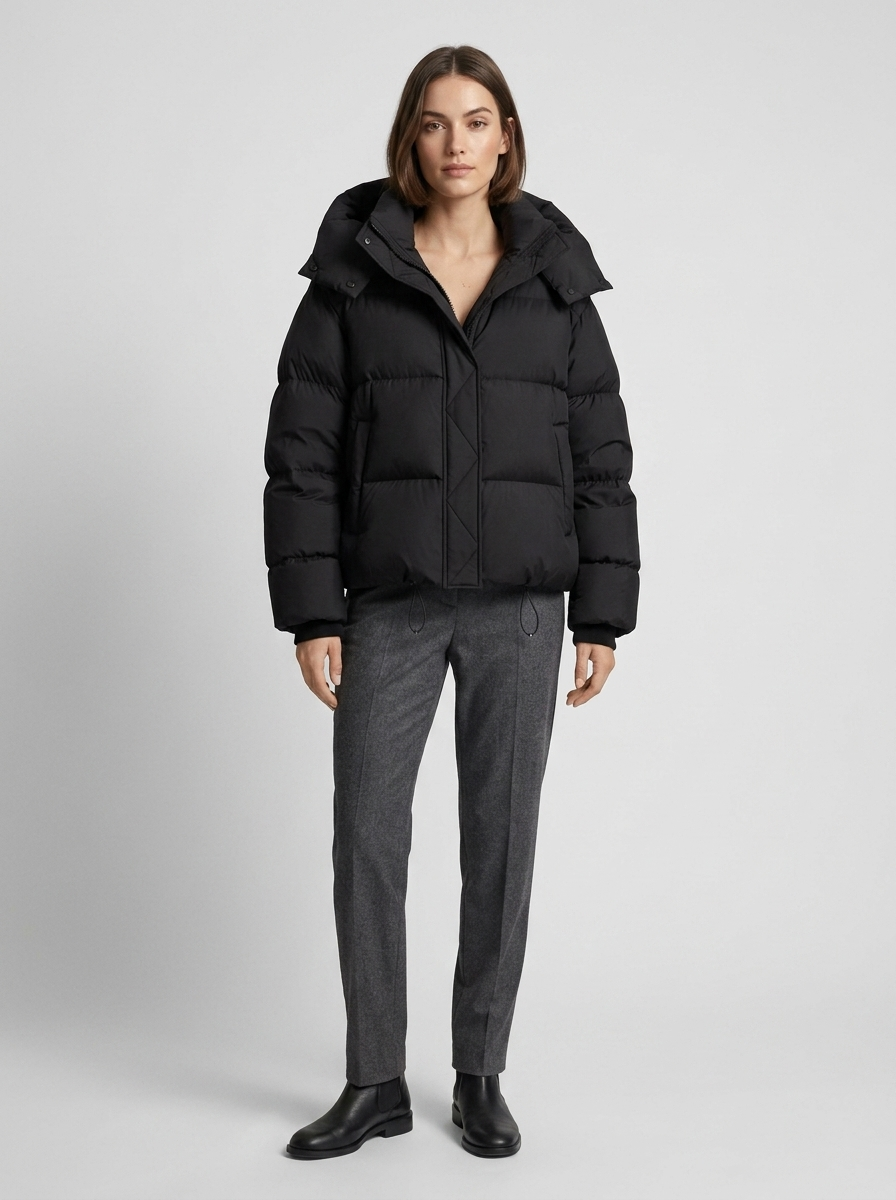 Women's oversized puffer jacket with a hood and a drawcord hem