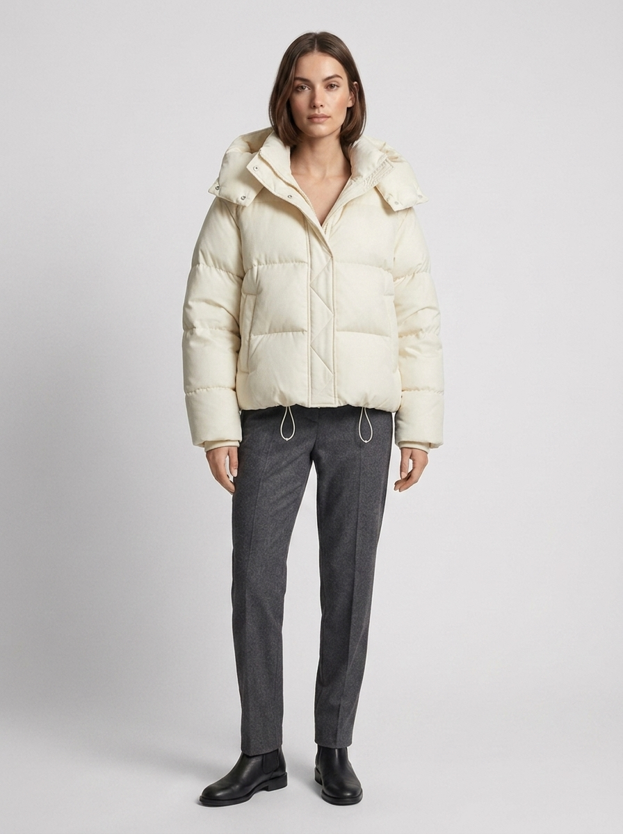 Women's oversized puffer jacket with a hood and a drawcord hem