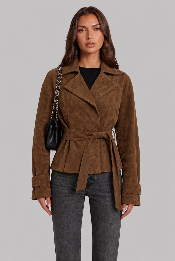 Women's Short Brown Suede Style Coat with Notch Lapel and Belt