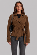 Women's Short Brown Suede Style Coat with Notch Lapel and Belt
