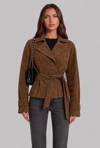 Women's Short Brown Suede Style Coat with Notch Lapel and Belt