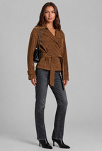 Women's Short Brown Suede Style Coat with Notch Lapel and Belt