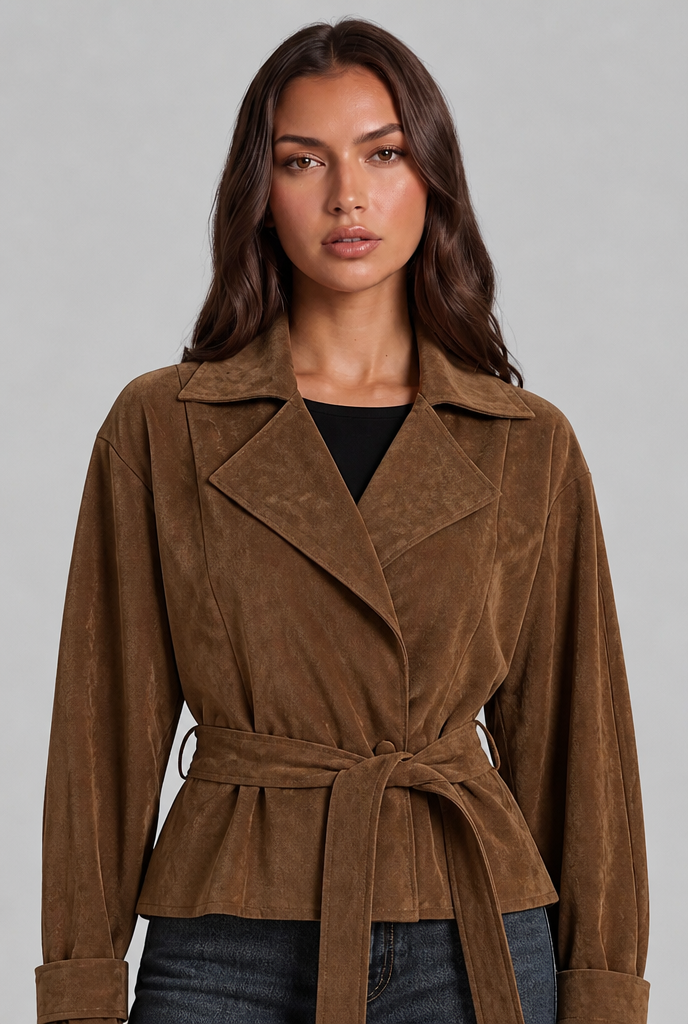 Women's Short Brown Suede Style Coat with Notch Lapel and Belt