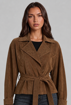 Women's Short Brown Suede Style Coat with Notch Lapel and Belt