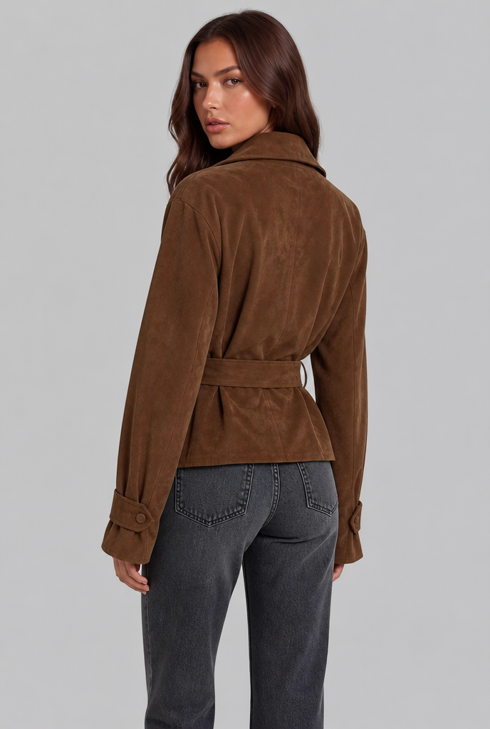 Women's Short Brown Suede Style Coat with Notch Lapel and Belt