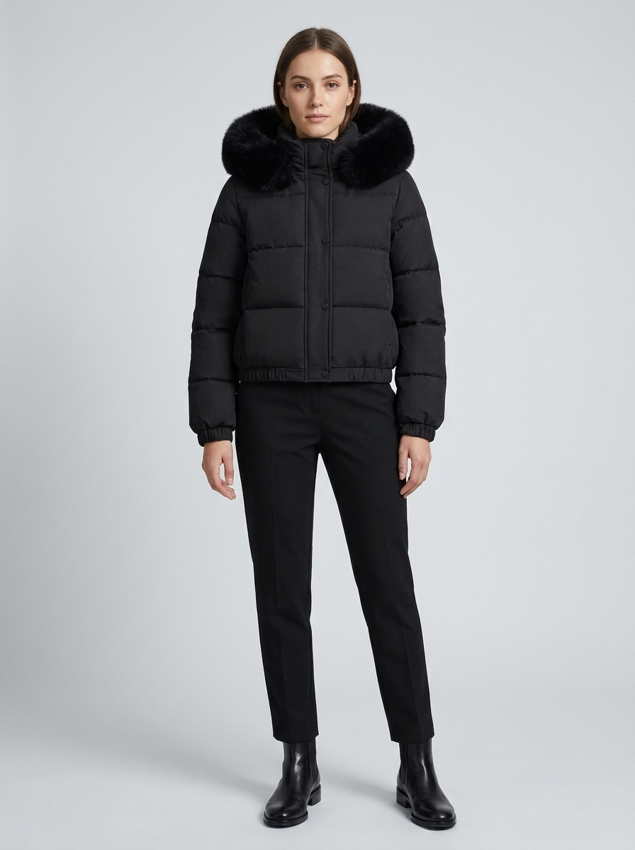 Women's Cropped Padded Puffer Jacket with Faux Fur Hood