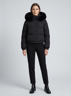 Women's Cropped Padded Puffer Jacket with Faux Fur Hood