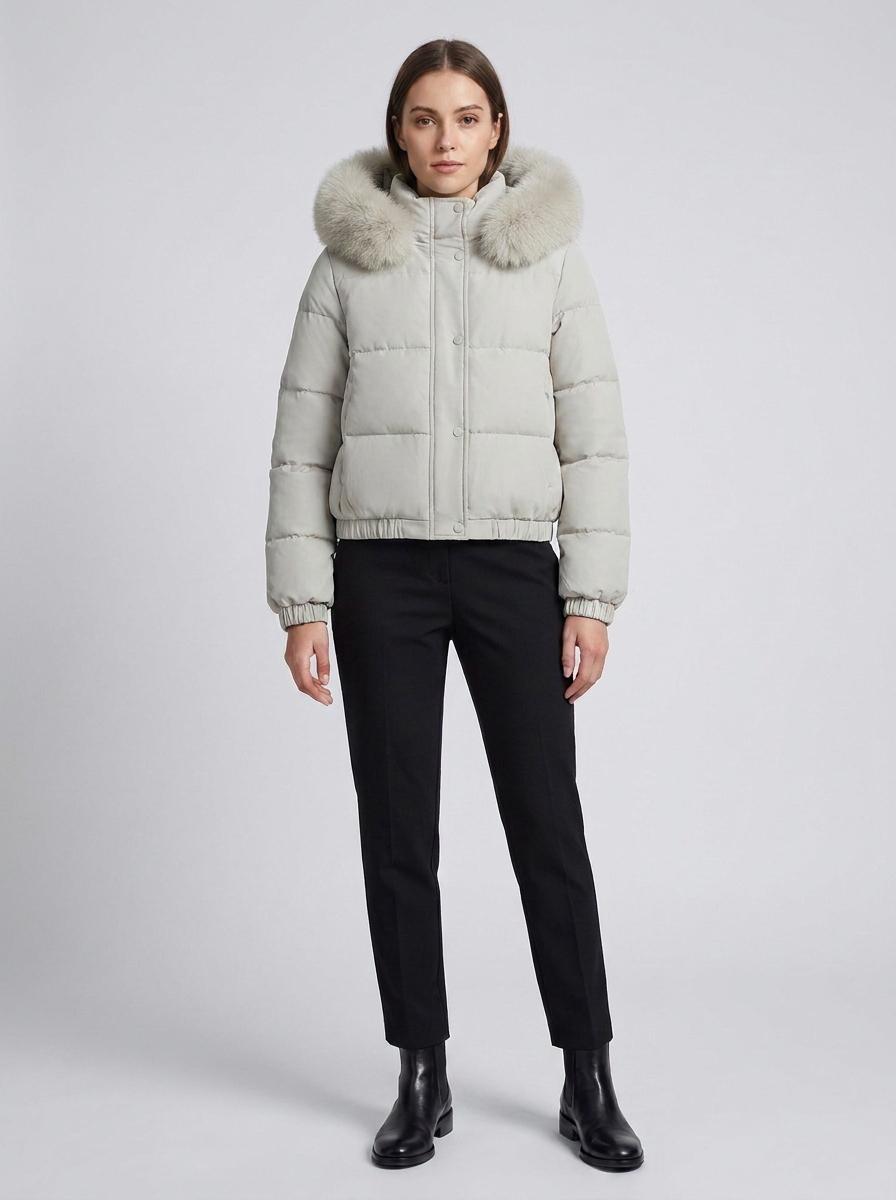 Women's Cropped Padded Puffer Jacket with Faux Fur Hood