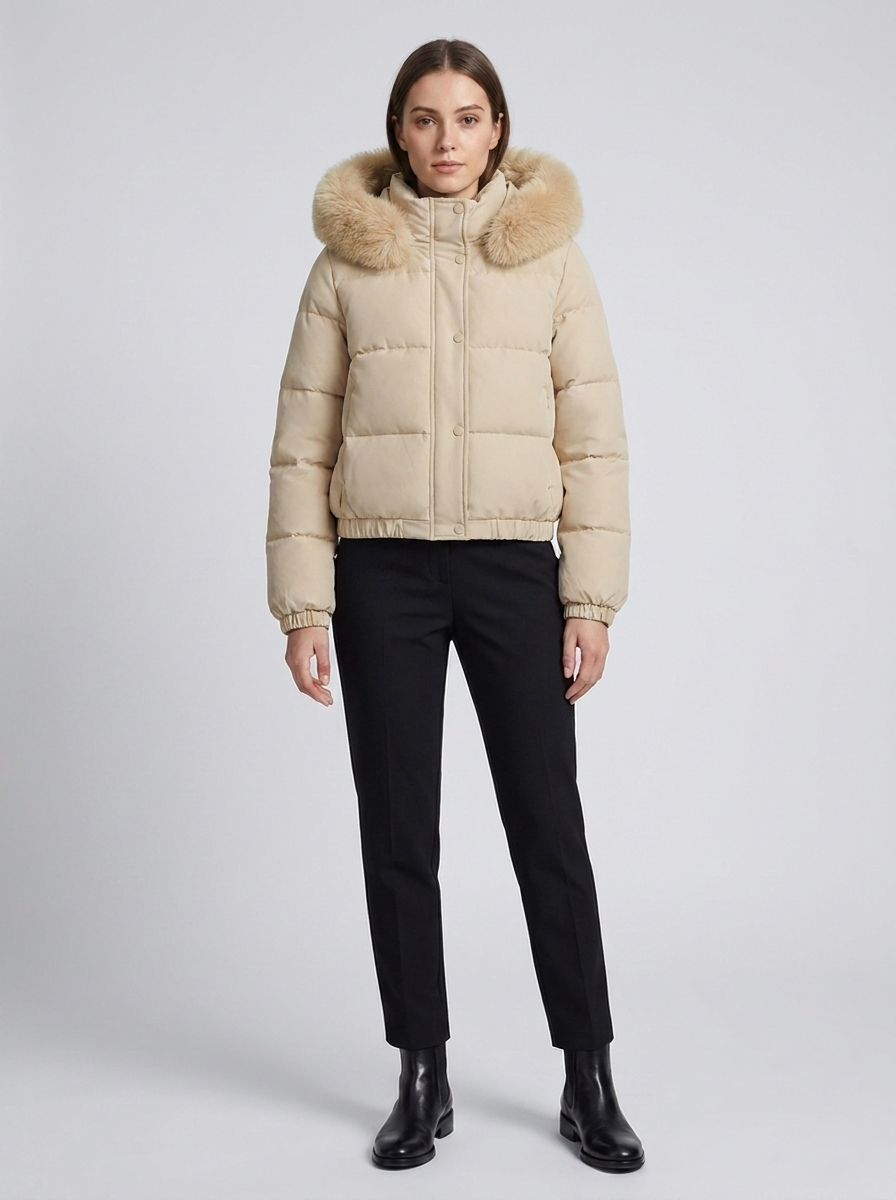 Women's Cropped Padded Puffer Jacket with Faux Fur Hood