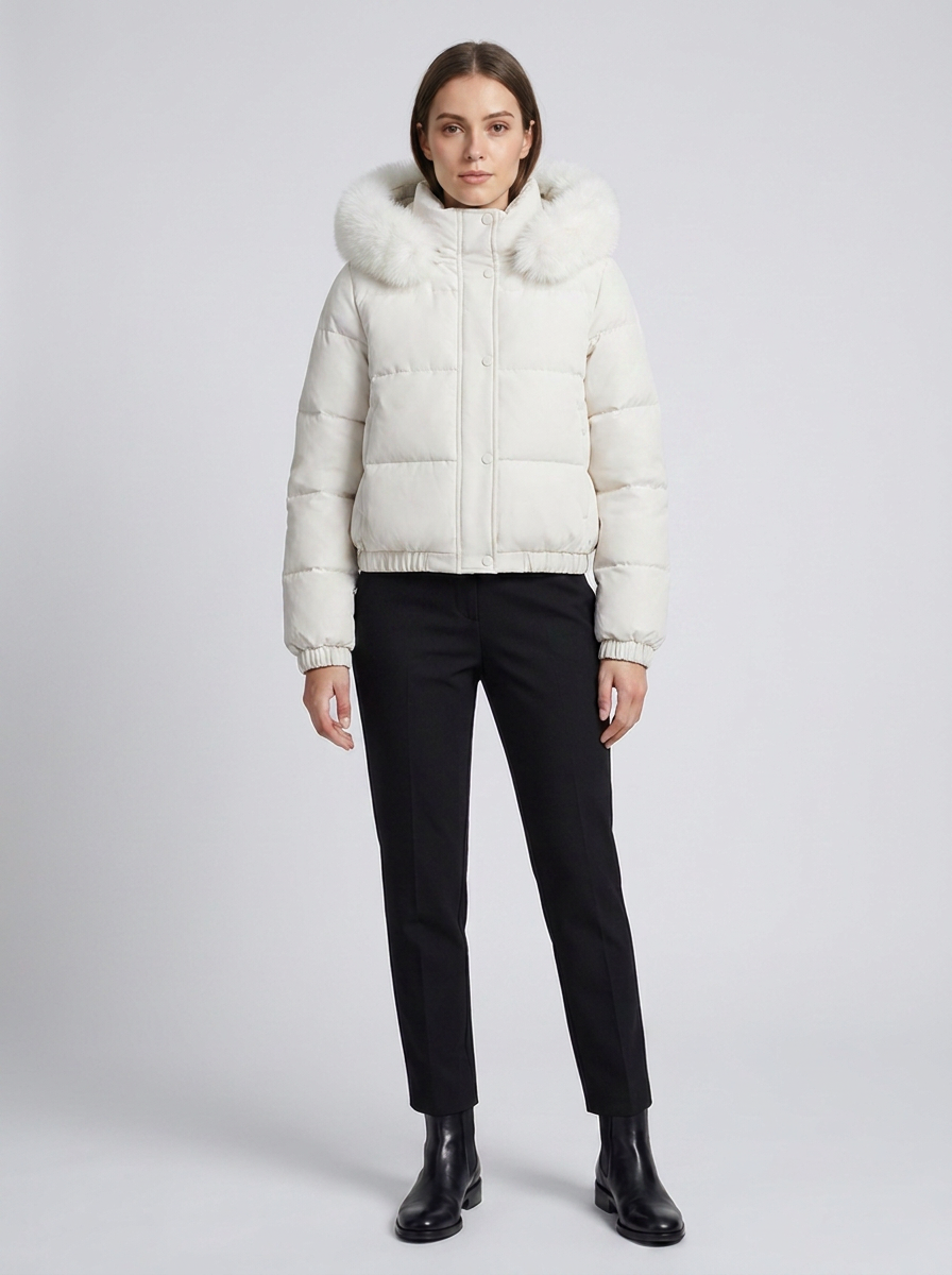 Women's Cropped Padded Puffer Jacket with Faux Fur Hood