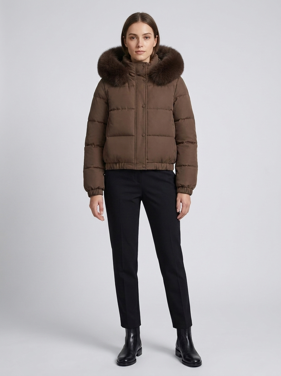 Women's Cropped Padded Puffer Jacket with Faux Fur Hood