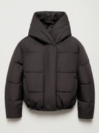 Women's short puffer jacket with a wide padded hood and box quilting