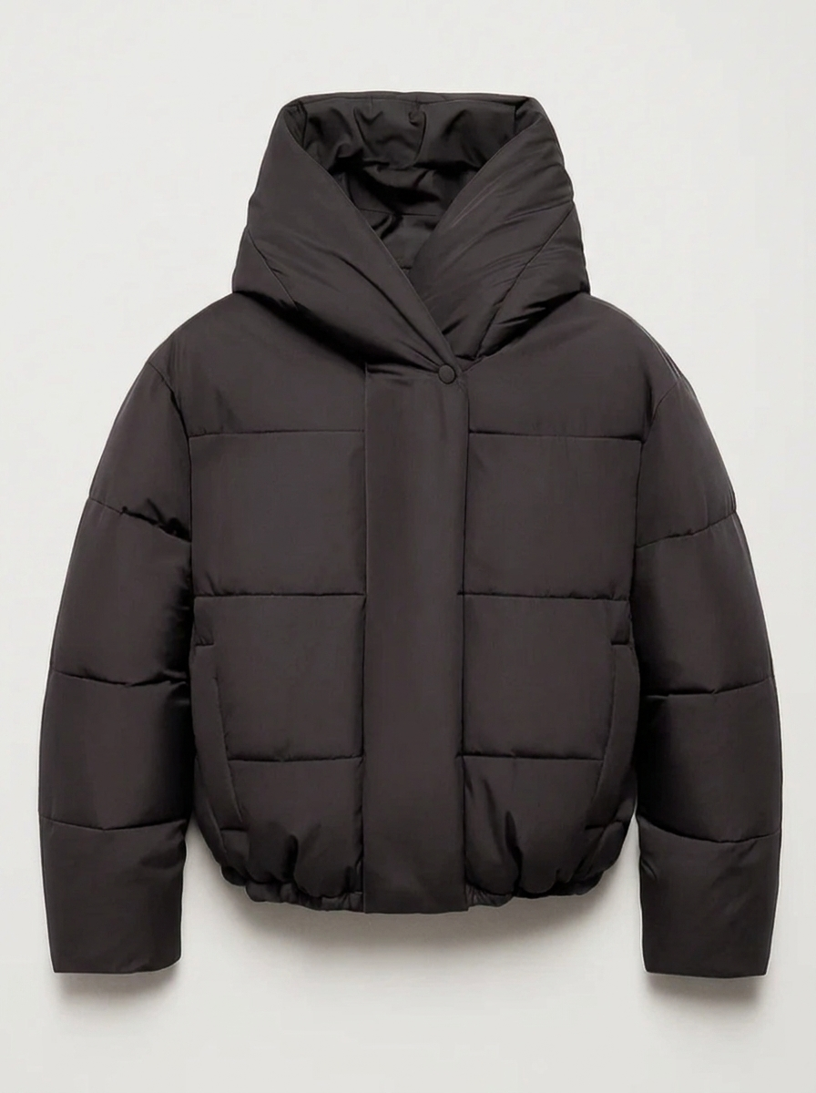 Women's short puffer jacket with a wide padded hood and box quilting