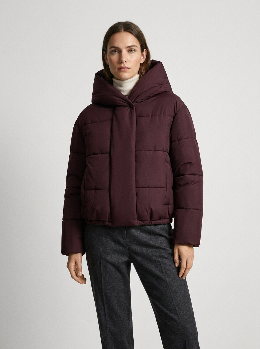 Women's short puffer jacket with a wide padded hood and box quilting
