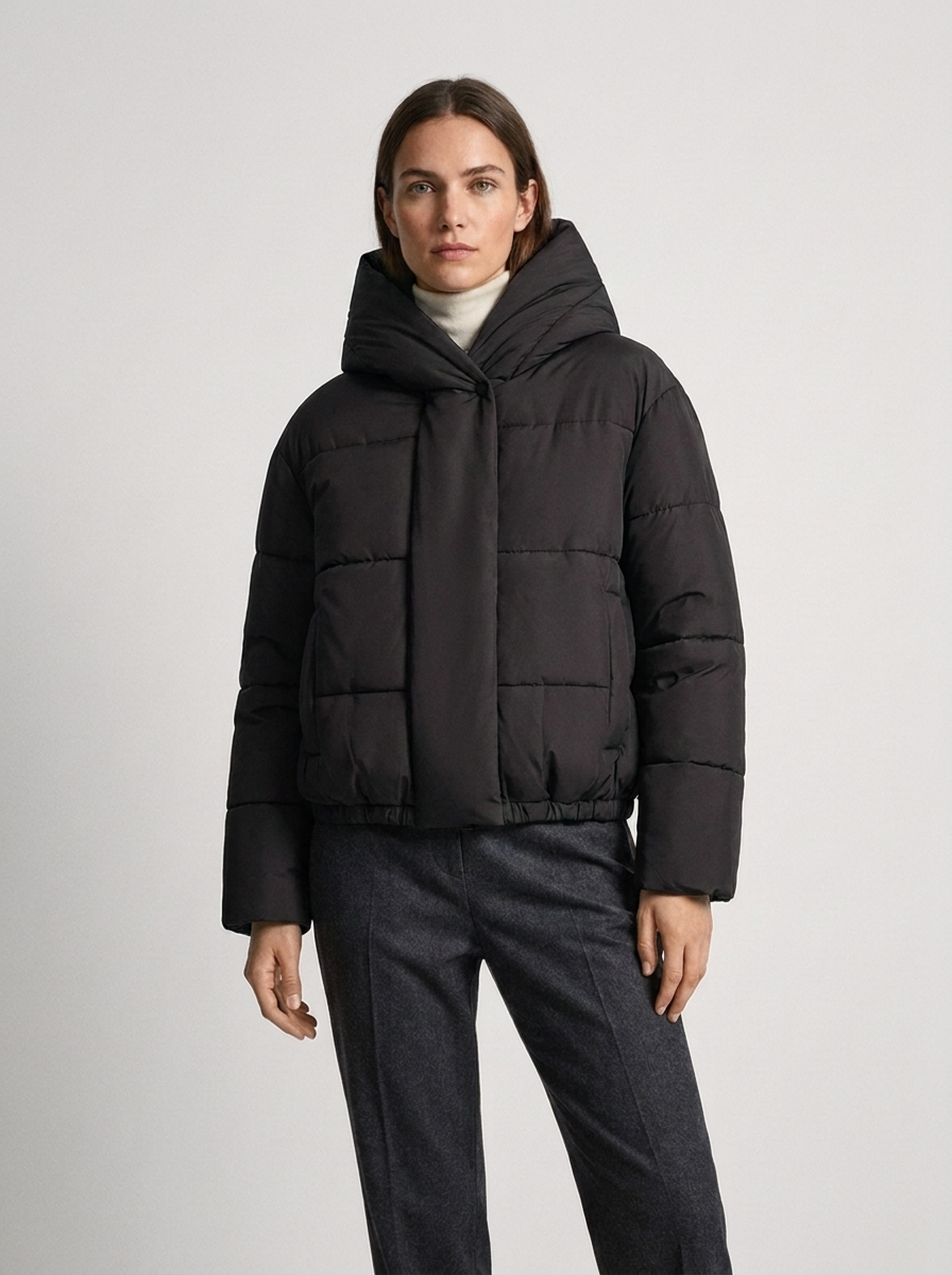 Women's short puffer jacket with a wide padded hood and box quilting