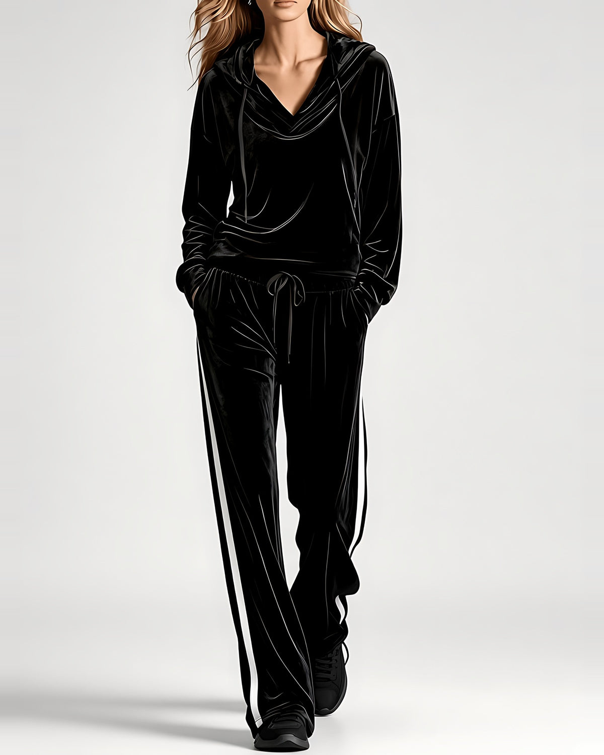 Women's Hooded Co-ord Set in Black – front