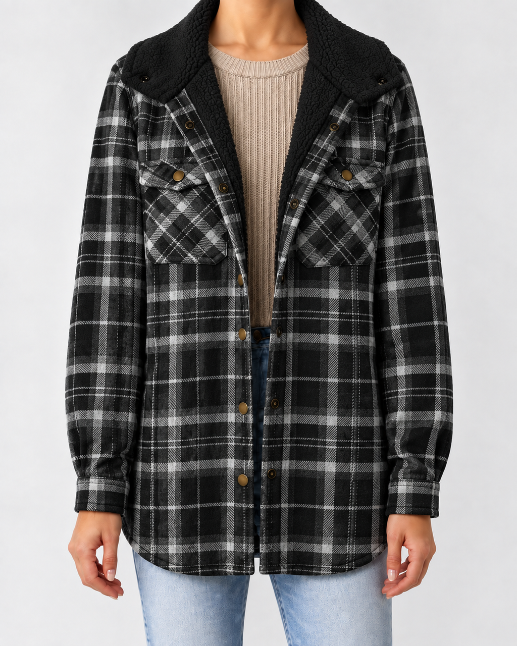 Women's Sherpa Lined Plaid Jacket with Hood and Snap Front