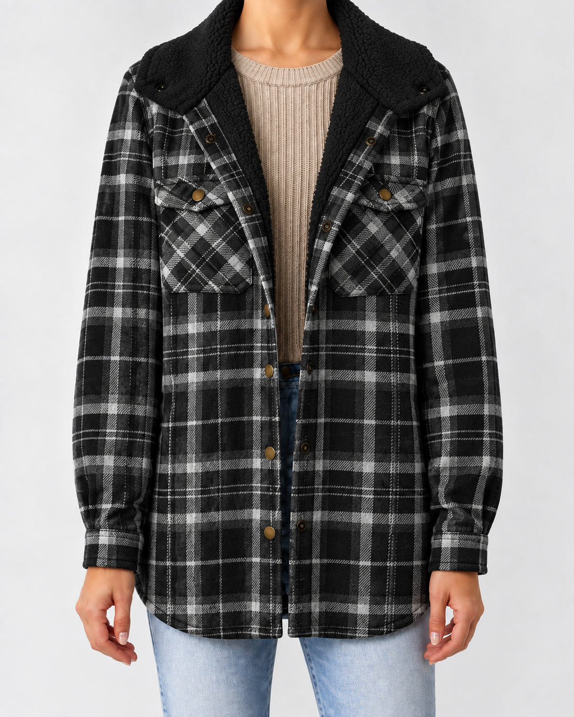 Women's Sherpa Lined Plaid Jacket with Hood and Snap Front