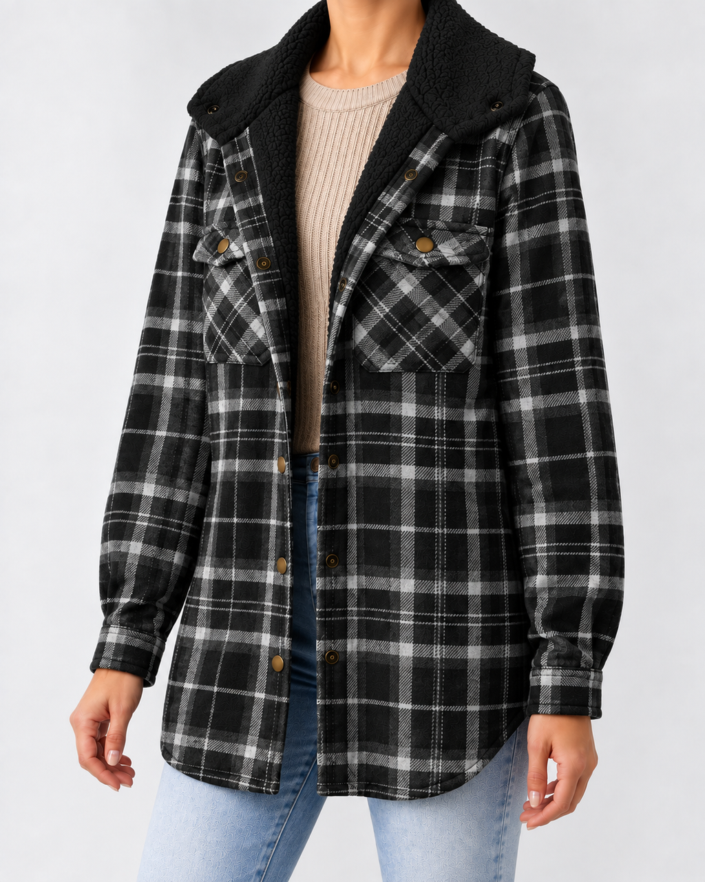Women's Sherpa Lined Plaid Jacket with Hood and Snap Front