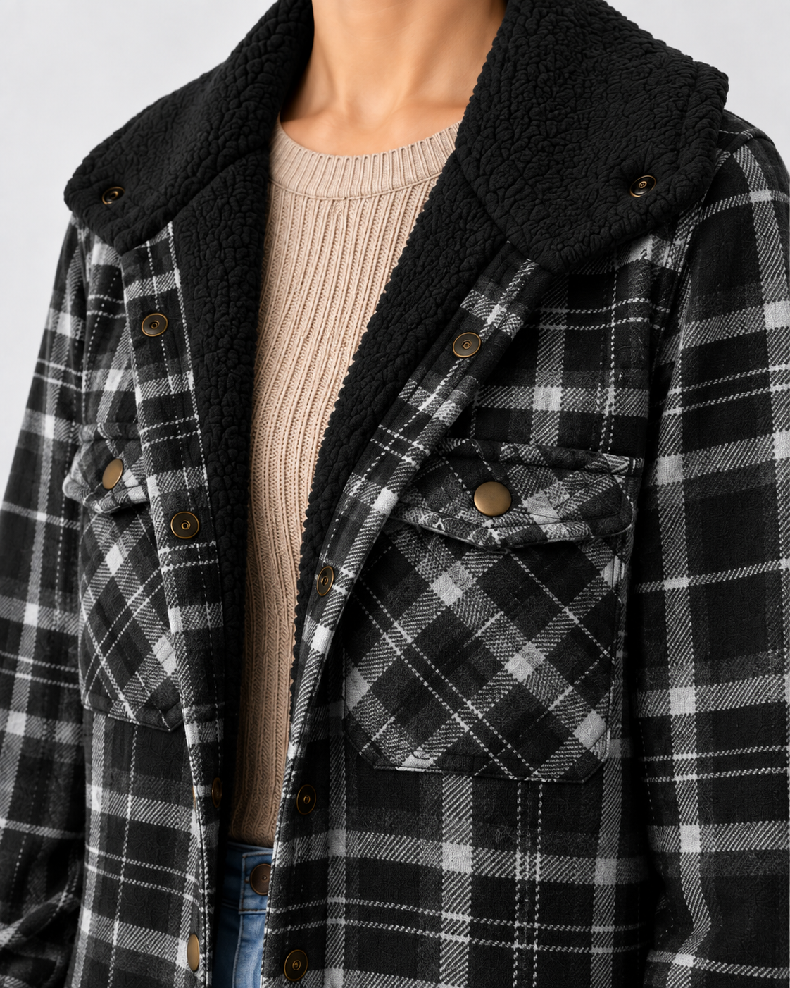 Women's Sherpa Lined Plaid Jacket with Hood and Snap Front