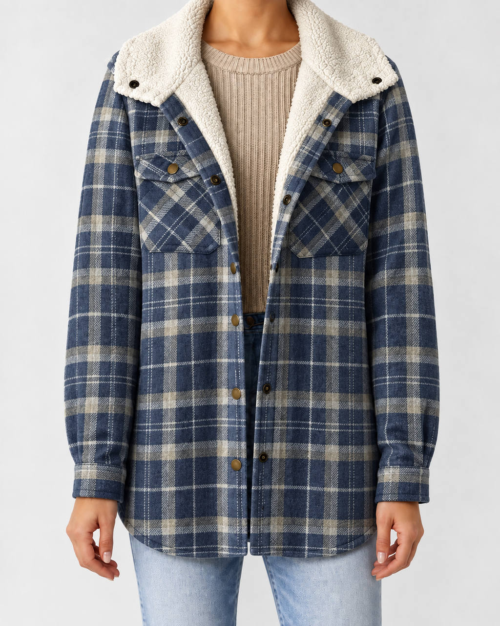 Women's Sherpa Lined Plaid Jacket with Hood and Snap Front