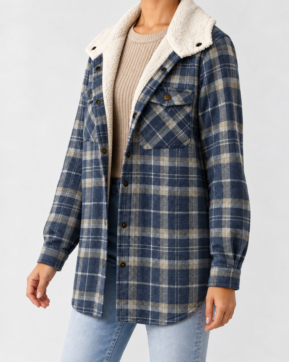 Women's Sherpa Lined Plaid Jacket with Hood and Snap Front