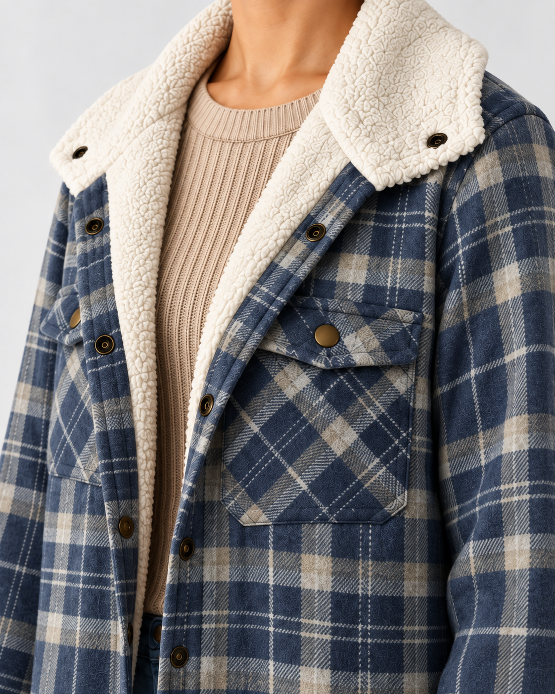 Women's Sherpa Lined Plaid Jacket with Hood and Snap Front