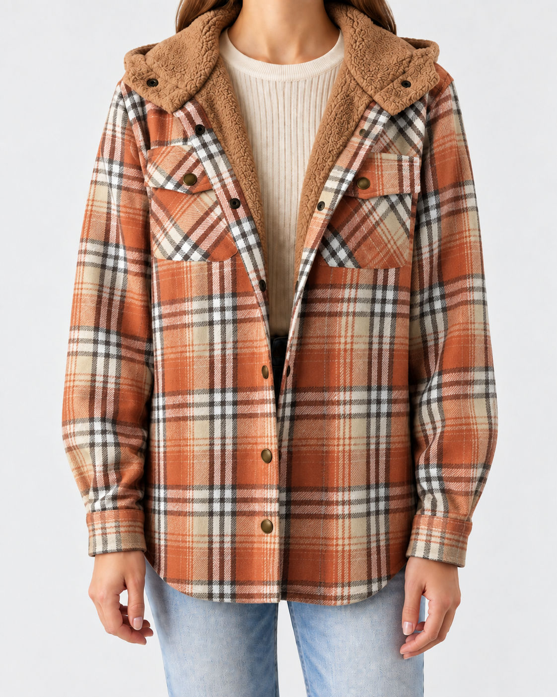 Women's Sherpa Lined Plaid Jacket with Hood and Snap Front