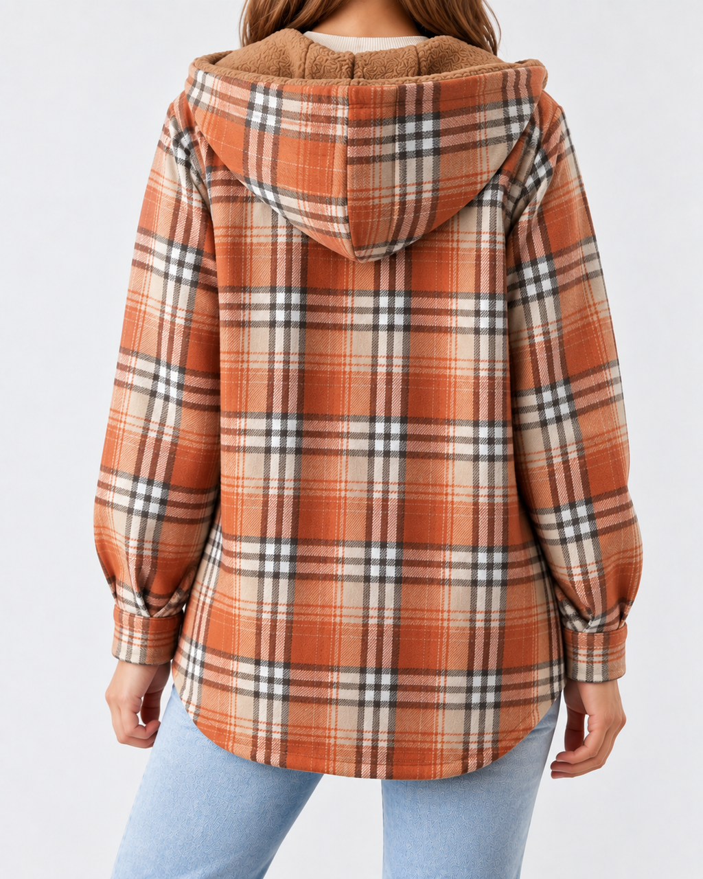 Women's Sherpa Lined Plaid Jacket with Hood and Snap Front