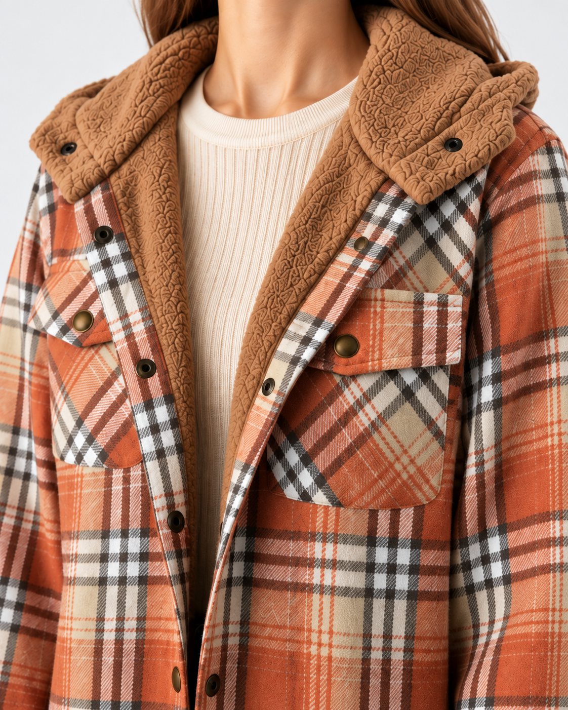 Women's Sherpa Lined Plaid Jacket with Hood and Snap Front