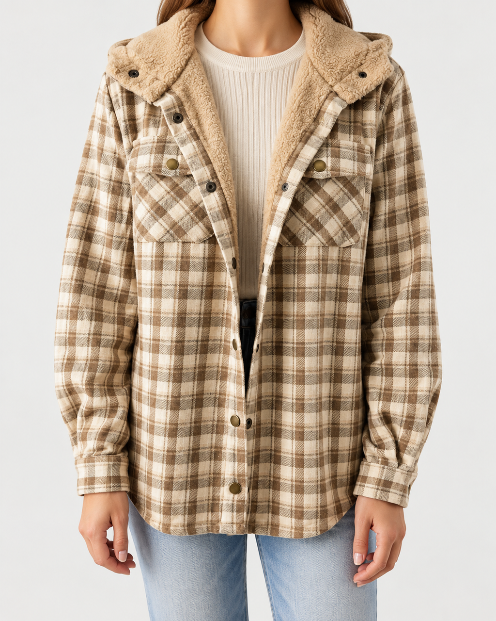 Women's Sherpa Lined Plaid Jacket with Hood and Snap Front