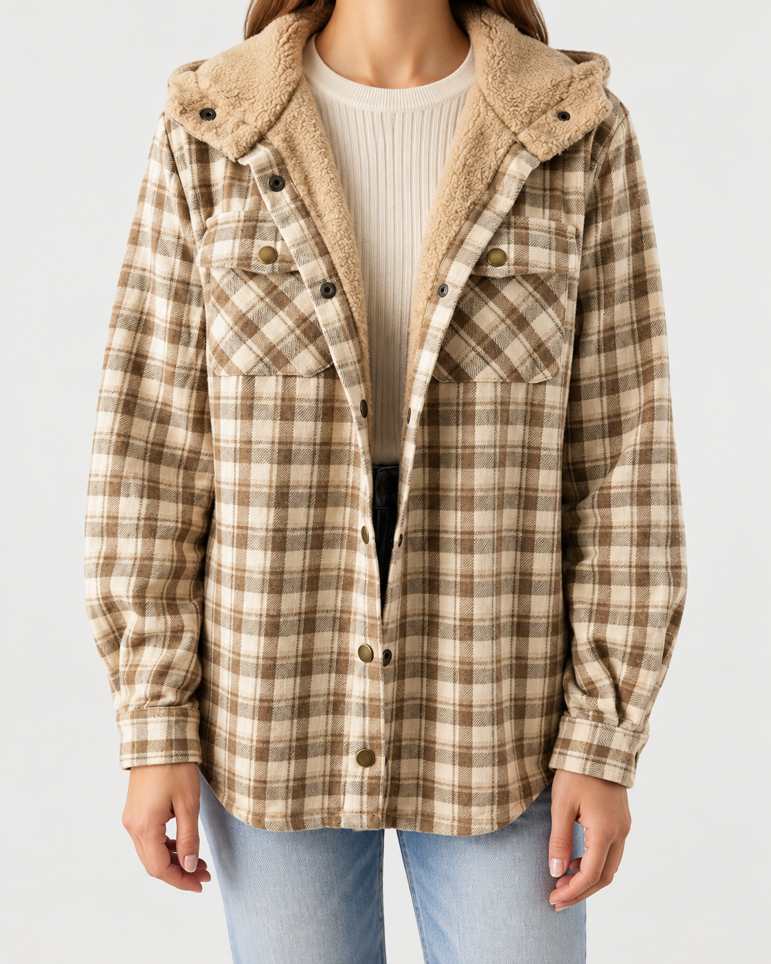Women's Sherpa Lined Plaid Jacket with Hood and Snap Front