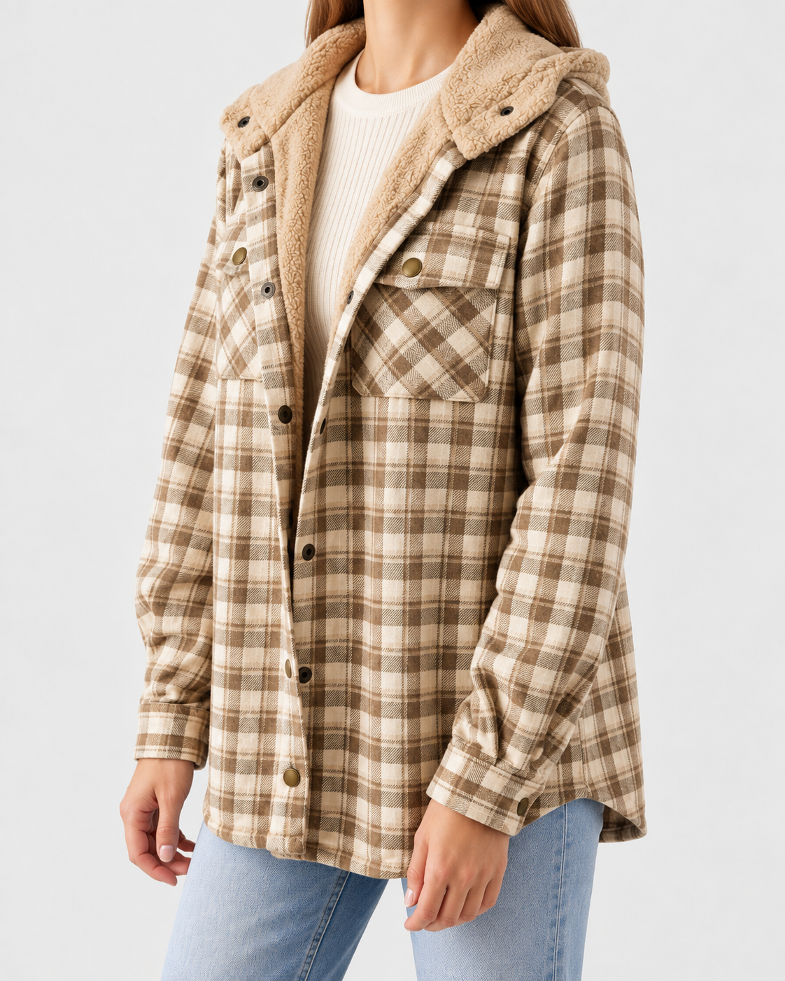 Women's Sherpa Lined Plaid Jacket with Hood and Snap Front