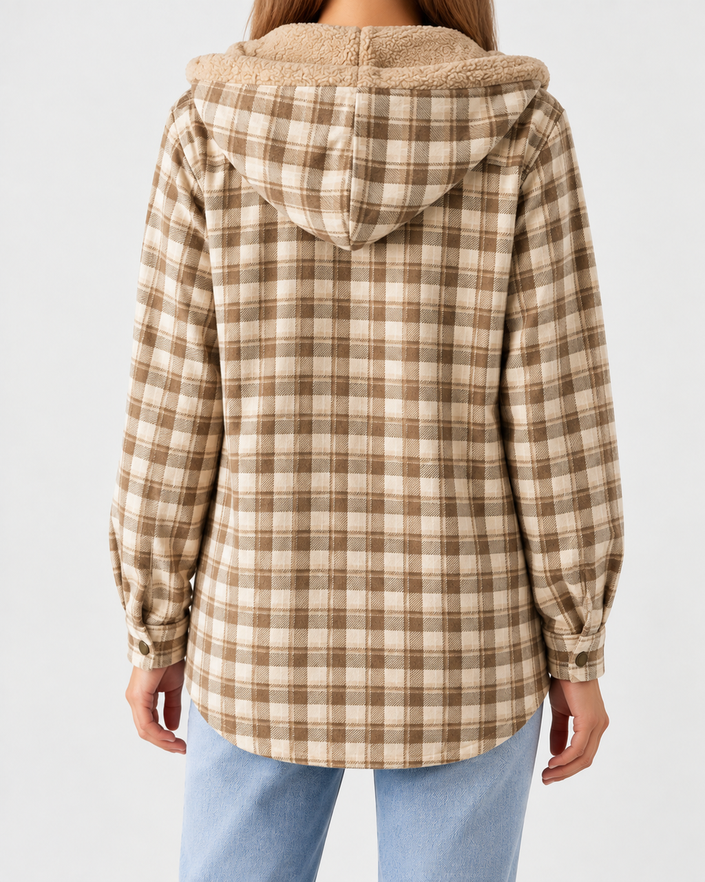 Women's Sherpa Lined Plaid Jacket with Hood and Snap Front