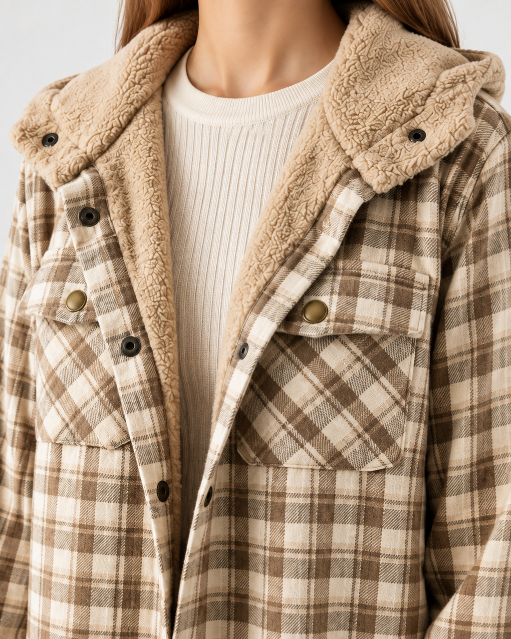 Women's Sherpa Lined Plaid Jacket with Hood and Snap Front