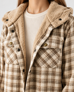 Women's Sherpa Lined Plaid Jacket with Hood and Snap Front