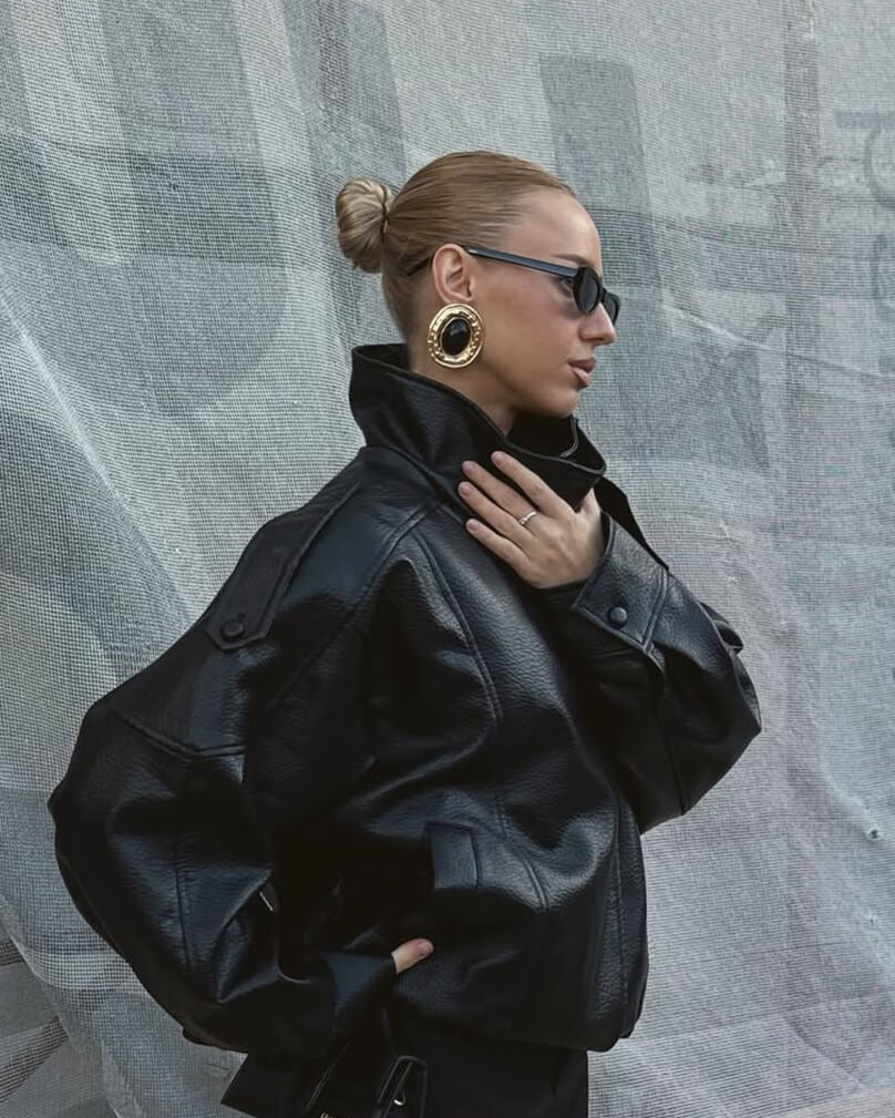 Women's Black Faux Leather Jacket with High Neck and Zip Front