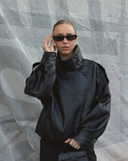Women's Black Faux Leather Jacket with High Neck and Zip Front