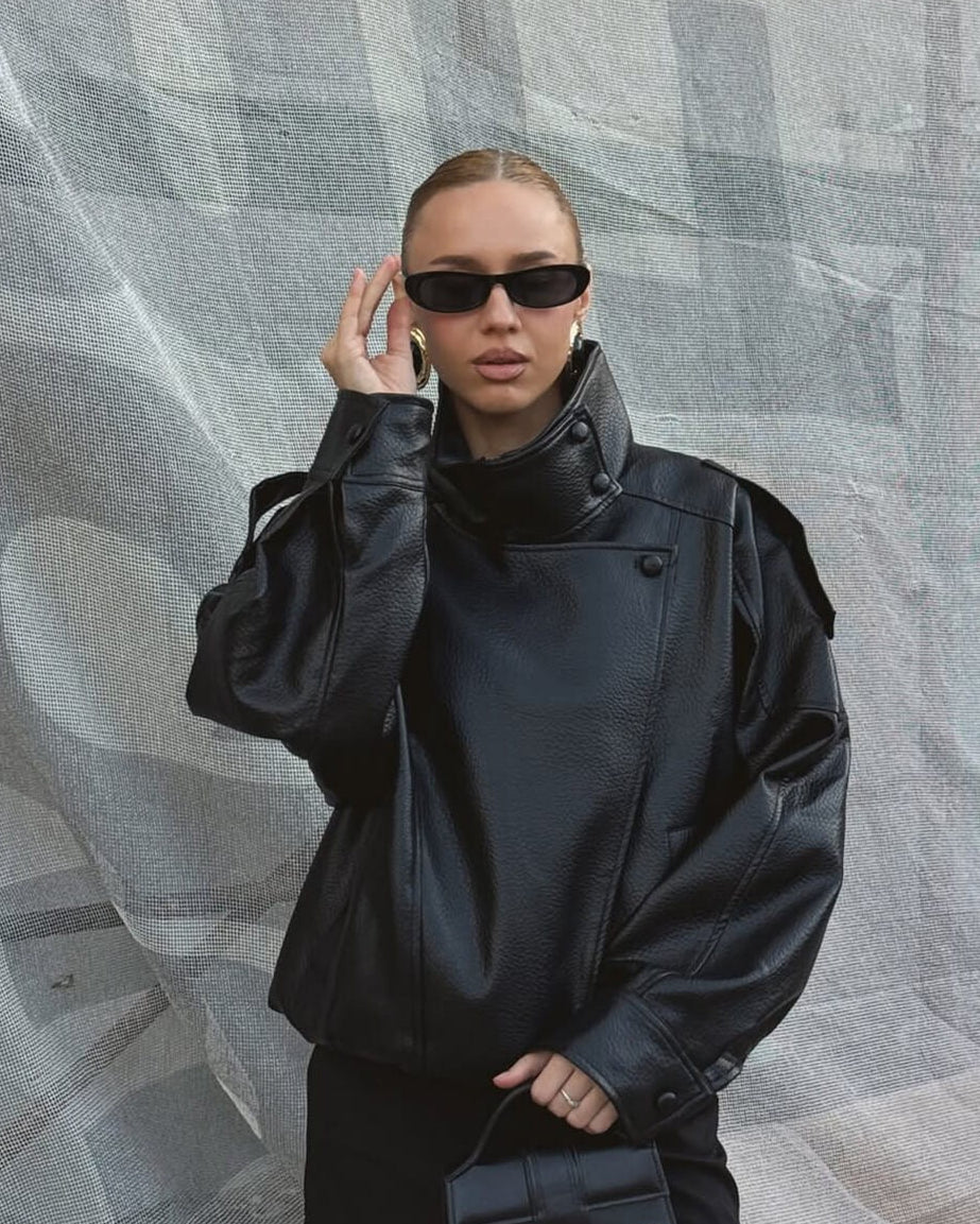Women's Black Faux Leather Jacket with High Neck and Zip Front