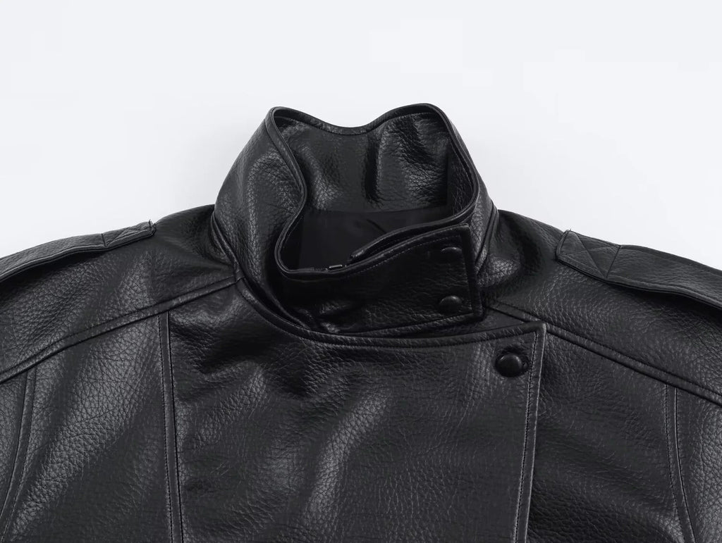 Women's Black Faux Leather Jacket with High Neck and Zip Front