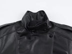 Women's Black Faux Leather Jacket with High Neck and Zip Front