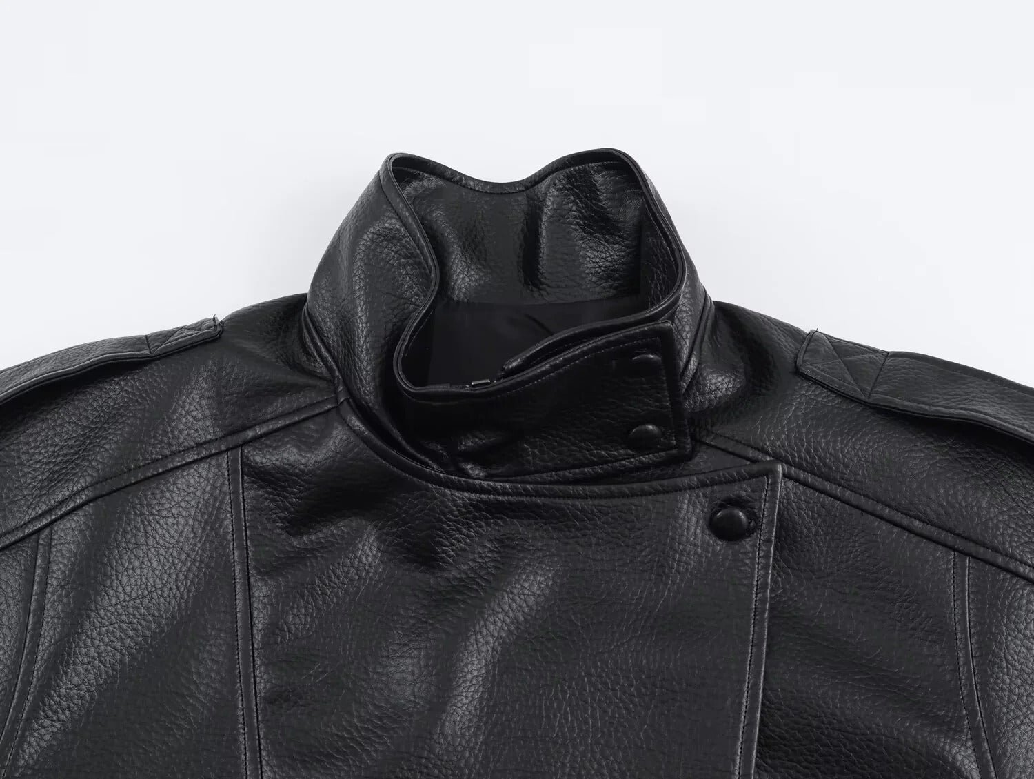 Women's Black Faux Leather Jacket with High Neck and Zip Front